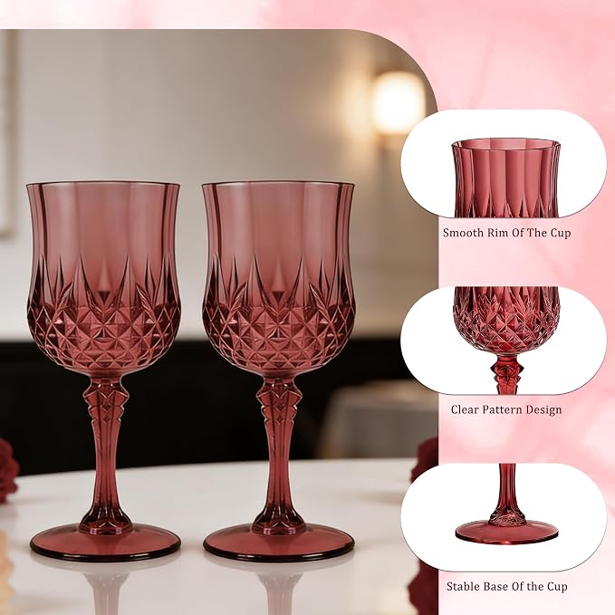 7OZ Plastic Wine Glasses, Reusable Vintage Goblets Unbreakable Drinking Glasses - Image 3
