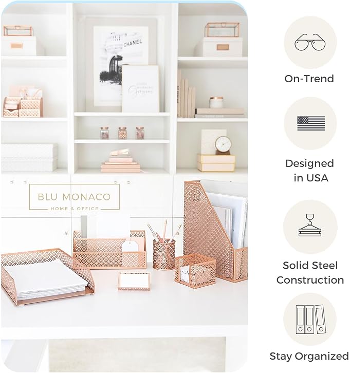 BLU MONACO | Rose Gold Desk Organizer Set | 6 Piece Metal Office Desk Organizer - Image 4