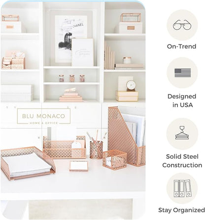 BLU MONACO | Rose Gold Desk Organizer Set | 6 Piece Metal Office Desk Organizer - Image 4