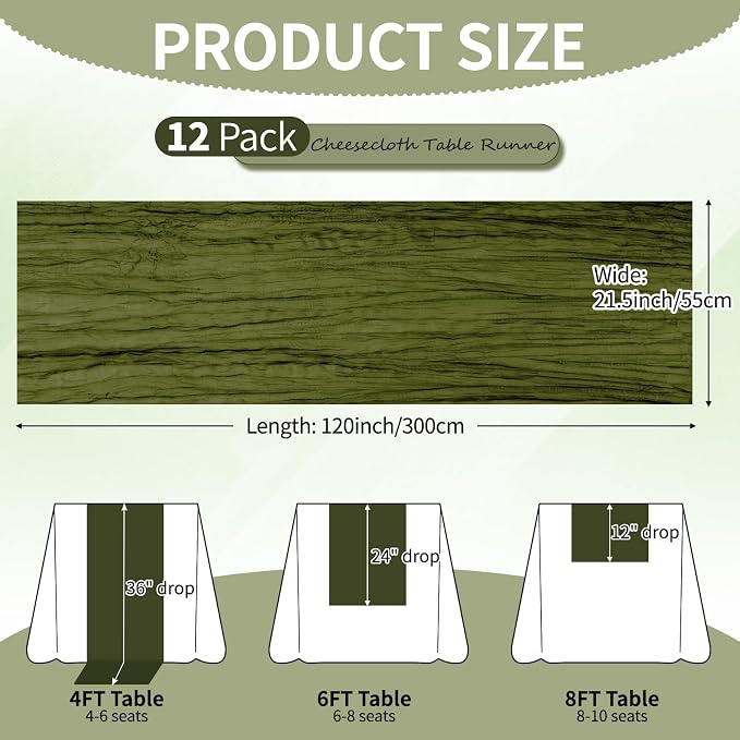12 Pcs Olive Green Cheesecloth Table Runner 10Ft, Gauze Table Runners 21.5 x - Image 2