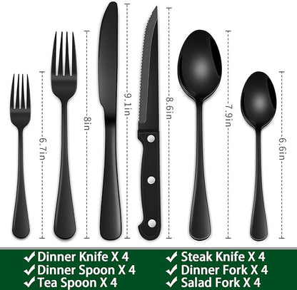 24-Piece Black Silverware Set with Steak Knives, Black Flatware Set for 4, Food-Grade Stainless Steel Tableware Cutlery Set, Mirror Finished Knife Spoon And Fork Sets for Home Restaurant