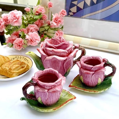 Ceramic Rose Tea Pot Set, 3D Hand-painted Rose Red Flower Cup and Green Leaves - Image 3