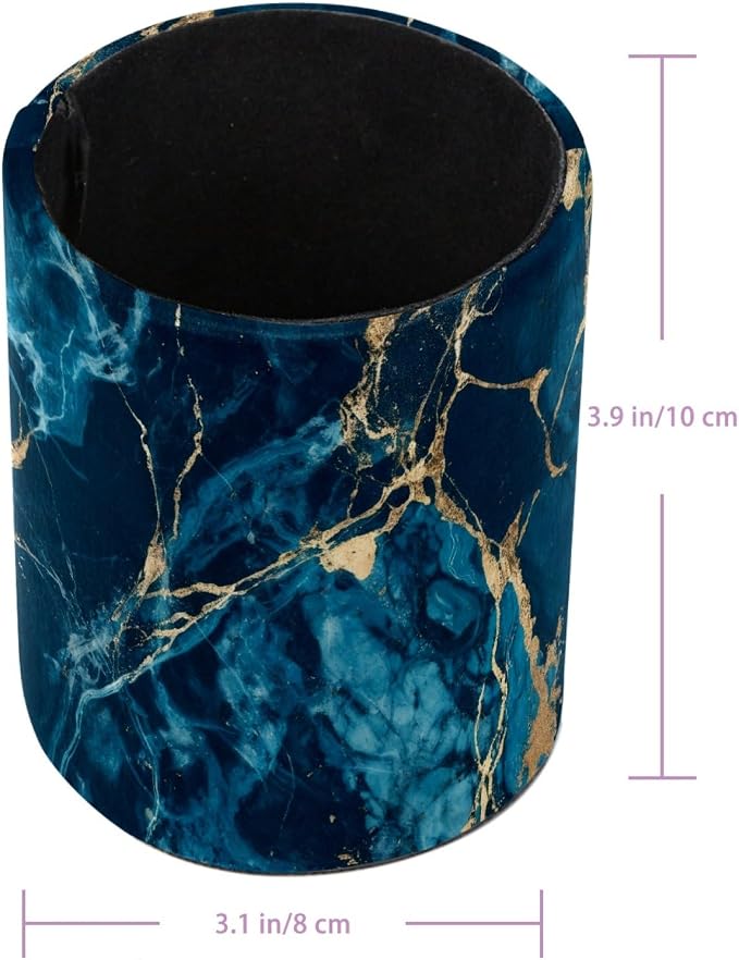 Navy Blue Abstract Marble Leather Pen Holder - Image 3