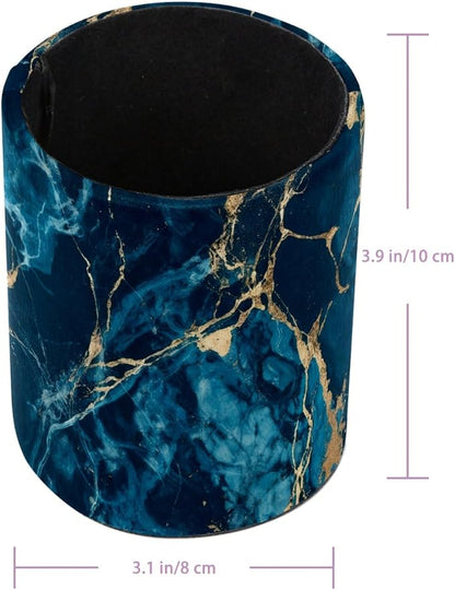 Navy Blue Abstract Marble Leather Pen Holder - Image 3