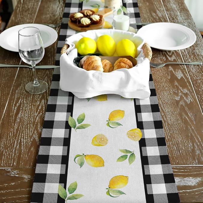 Black Buffalo Check Summer Table Runner 13 x 36 Inch, Lemon Vase Spring - Image 6