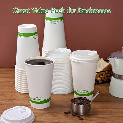 ECOLipak 100 Count 16 oz Compostable Paper Coffee Cups, Biodegradable Disposable Coffee Cups with CPLA Lid, Eco-friendly Hot Drinking Cups for Parties, Picnics, Travels,and Events
