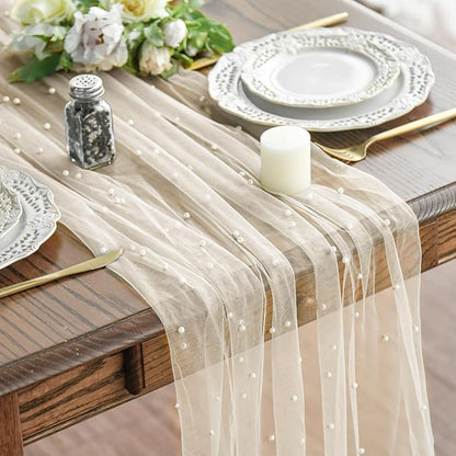Artoid Mode Pearl Beige Gauze Table Runner 59x120 Inch , Seasonal Sheer Kitchen Dining Holiday Wedding Birthday Baby Shower Table Decor for Home Party