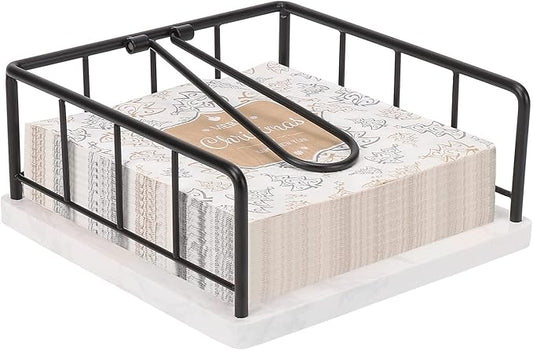 Livabber Flat Napkin Holder, Metal Kitchen Napkin Storage with Weighted Tension Arm Rustic Tissue Paper Dispenser for Countertop, Table Kitchen, Dining Room (With Marble Base, Black)