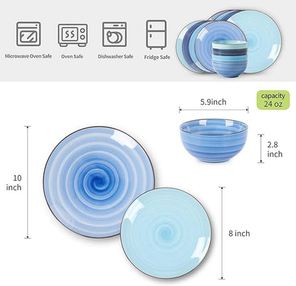 Selamica Ceramic Dinnerware Sets, 12 Pieces Plates and Bowls Sets, Scratch Resistant Dishes Set for 4, Handpainted Swirl Dishware Sets with Spray Black Dots, Dishwasher&Microwave Safe, Gradient Blue