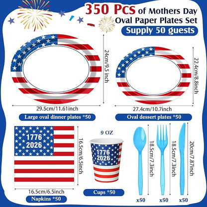 350 Pcs 4th of July Party Decorations 12 inch Disposable Patriotic Oval Plates - Image 2