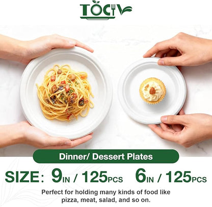 Compostable Paper Plates 250 Count 9in & 6in Disposable Dinner Dessert Salad Plates Heavy Duty Party Supplies for Birthday Holiday White