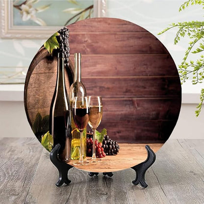 Ceramic Display Plate, Wine Ceramic Hanging Decorative Plate, Still Life of Wine with Wooden Keg Rustic, 6 Inch, Living Room Kitchen Decoration Household, Brown Green Light Brown