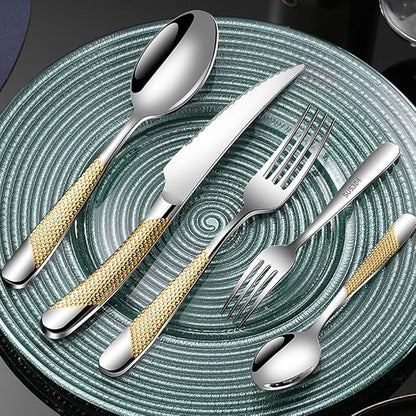 20-piece Luxury Gold-plated TWEE Silverware Set for 4 Palace Style Stainless Steel Flatware Cutlery Serving Utensils Eating Tableware for Home Kitchen Hotel Restaurant Mirror Polished