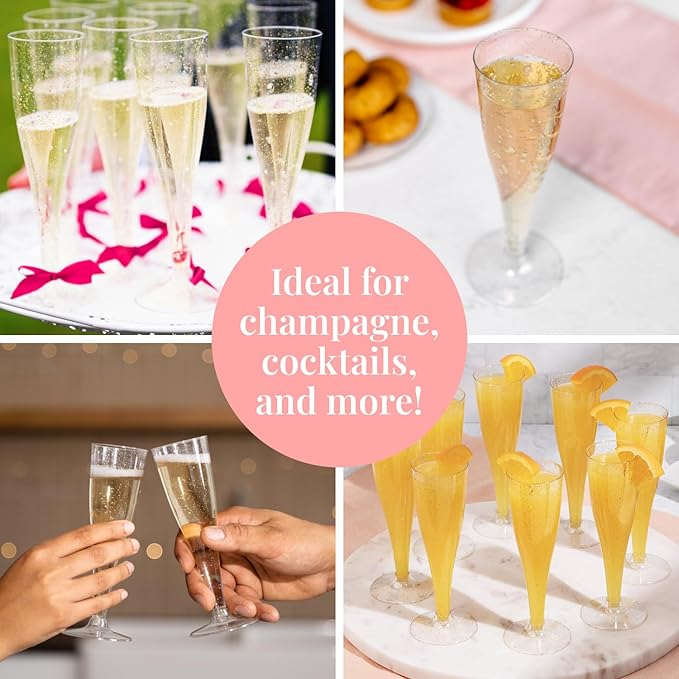 Prestee 24 Champagne Flutes Plastic - Disposable Flute - Silver Glitter Plastic Glasses for Parties - Mimosa Bar, Wedding, Shower Party, New Years Eve Party Supplies 2025 (Silver)