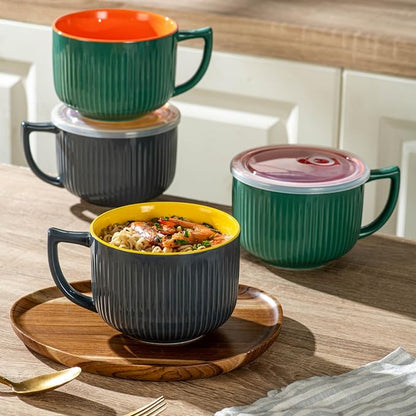 Ceramic Soup Bowl with Handle&Lid, Jumbo 38oz Microwave Ramen Bowl Set of 2 | - Image 3