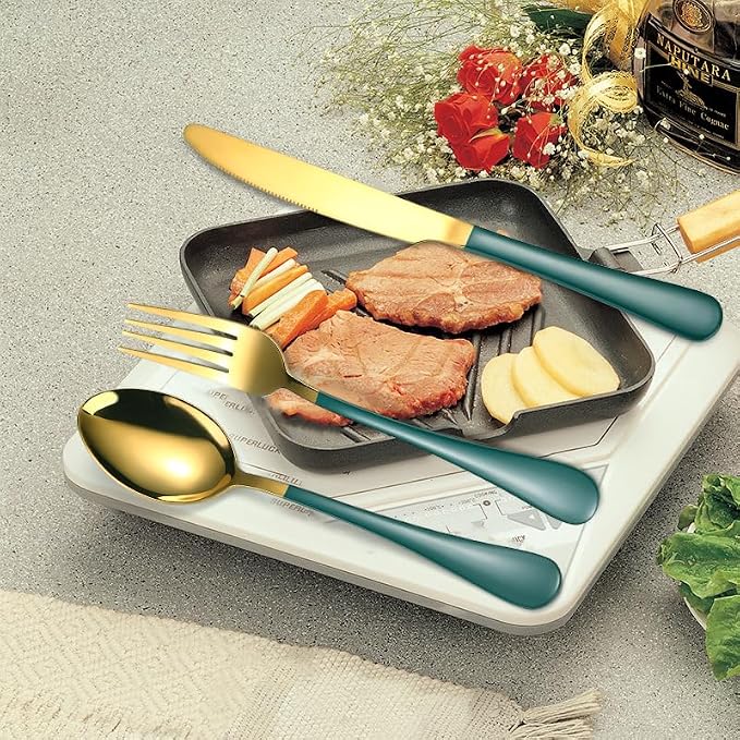 24 Piece Gold & Green Silverware - Image 9
