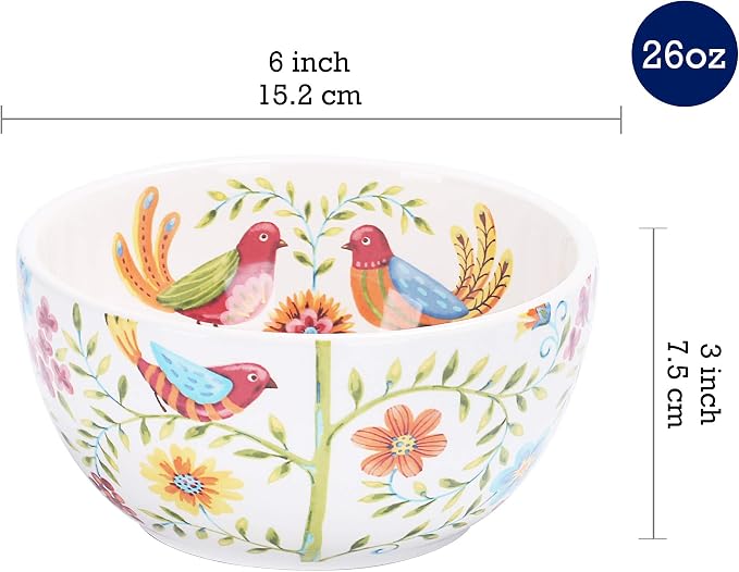 Bico Red Spring Bird Cereal Bowls Set of 4, 26 oz Deep Ceramic Soup Bowls - Image 2