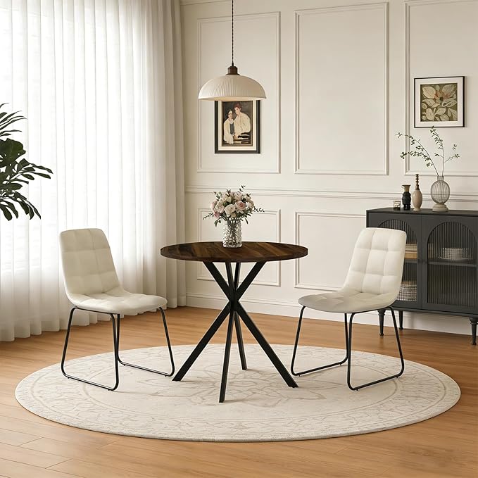 31.5" Round Dining Table Chairs Set for 2, Small Dining Table Chairs Set Space-Saving, Small Dinette Sets for 2 for Kitchen Dining Room Apartment(Walnut Table + Beige Chairs)