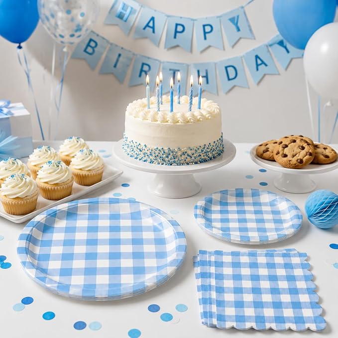 150PCS Blue Gingham Paper Plates & Napkins -Checkered Birthday Party Decor | - Image 7