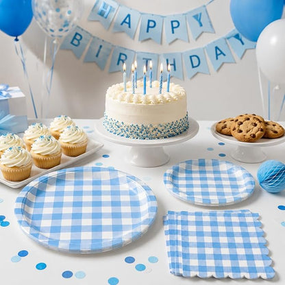 150PCS Blue Gingham Paper Plates & Napkins -Checkered Birthday Party Decor | - Image 7
