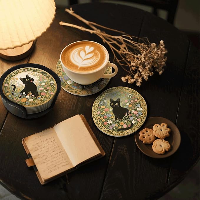 6 Pcs Black Cat Flower Drink Coasters - Image 3