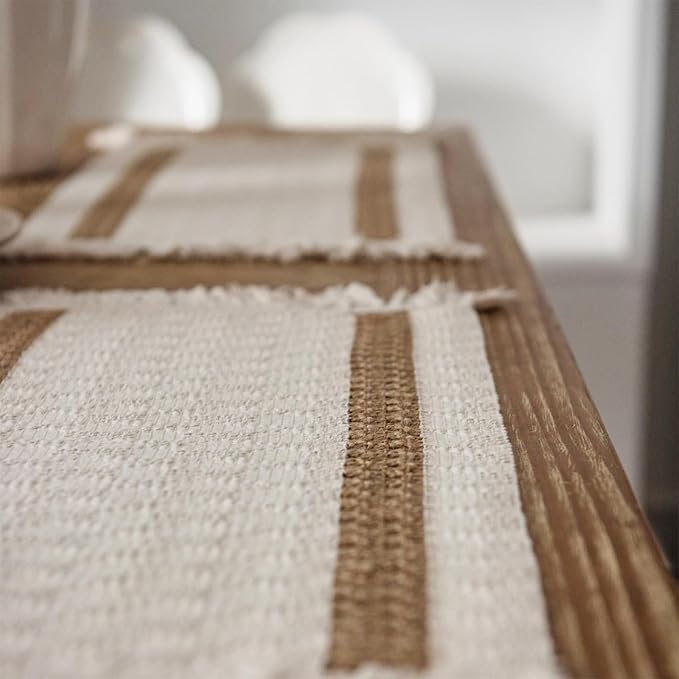 Boho Placemats Set of 4, 12x18 Inch Natural Cotton Burlap and Kitchen Woven - Image 2