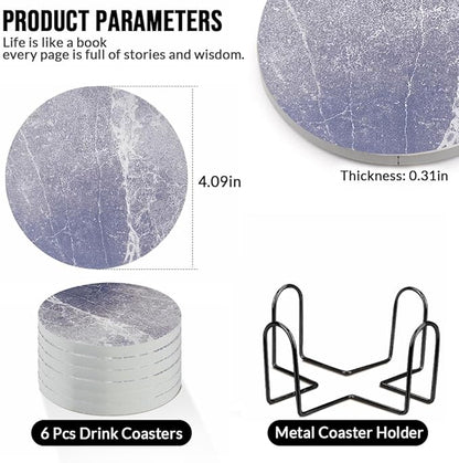 Ceramic Coasters Set of 6, Marble-Textured Design with Holder - Absorbent Cork-Backed Coasters for Cups, Bar & Coffee Table Decor Accessories (Dark Grey Marble, 6 Pack)