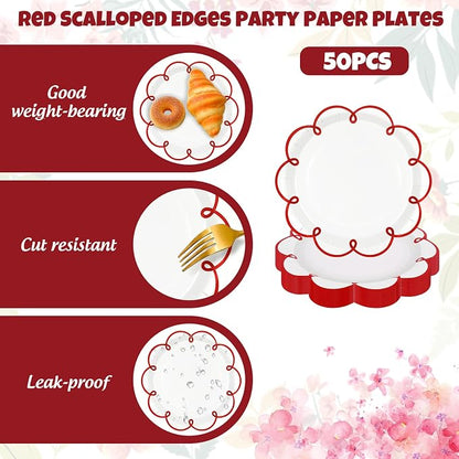 JarThenaAMCS 50 Pcs Red Edge Paper Plates Scalloped Disposable Plate Decorative - Image 3