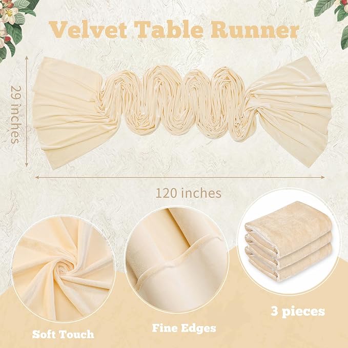 Beige Velvet Table Runner 29 x 120 Inch Luxury Farmhouse Tabletop | 3 Pieces - Image 2