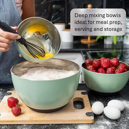 WHYSKO Stainless Steel Mixing Bowls Set of 3 with Non-Slip Silicone Base, Nesting Metal Bowls for Meal Prep, Baking, Cooking & Food Storage, Dishwasher Safe Kitchen Mixing Bowls, Green