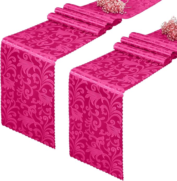 2 Pack Hot Pink Damask Satin Table Runner 12 x 108 Inch | Bright Smooth Damask by Eychei