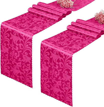 2 Pack Hot Pink Damask Satin Table Runner 12 x 108 Inch | Bright Smooth Damask by Eychei