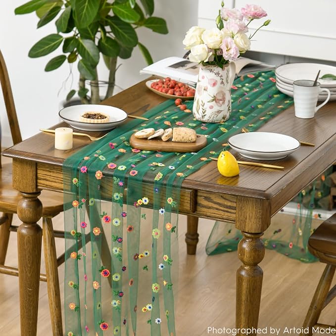 Artoid Mode Dark Green Embroidery Daisy Gauze Table Runner 120 Inch 10FT | - Image 4