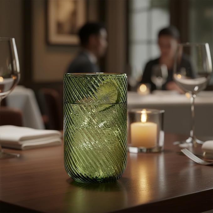 Set of 8 Ribbed Glassware, 4 Highball Glasses 14oz & 4 Rocks Drinking Glasses - Image 5