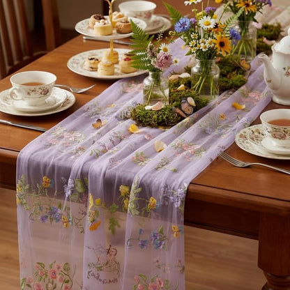 Purple Floral Table Runner 10ft Embroidery Tulle Spring Wildflower Gauze Table by Windkream