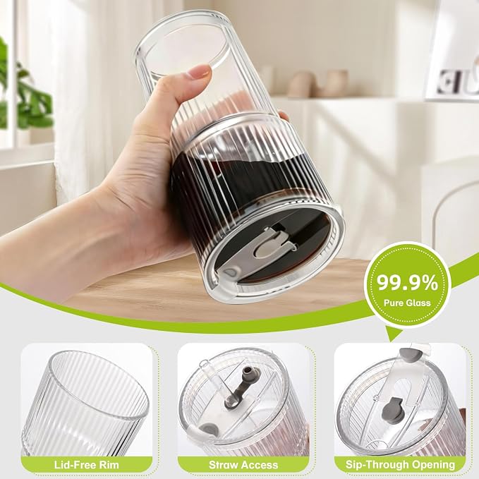 4pcs Ribbed Glass Tumbler with Straw and Lid - 20oz Reusable Iced Coffee Cups - Image 3