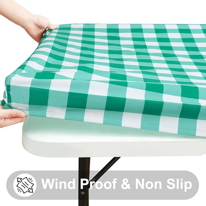 Smiry Rectangle Picnic Table Cloth, Elastic Waterproof Fitted Vinyl Tablecloths, Flannel Backed Buffalo Plaid Table Covers for Dining, Camping, Outdoor (White and Green, 30" x 96")