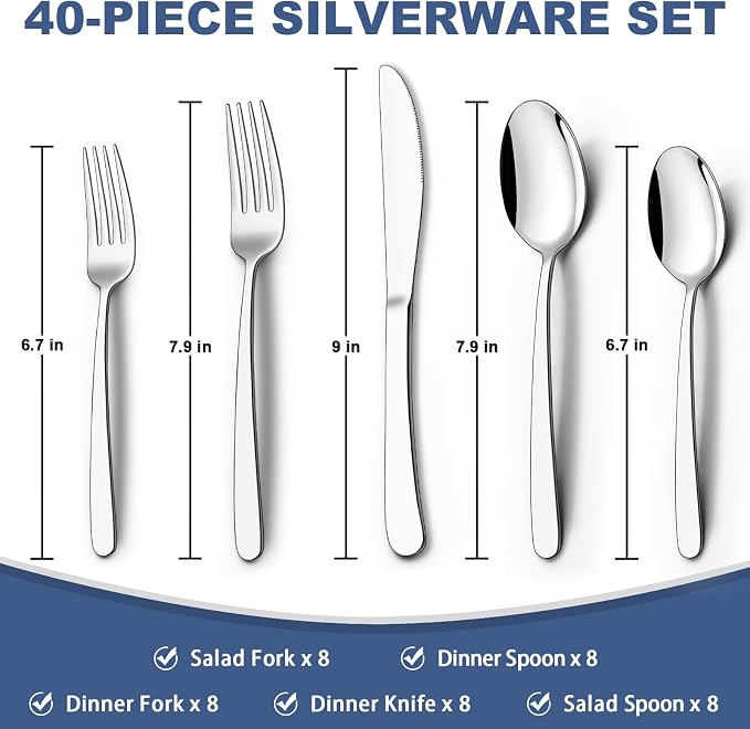 40-Piece Silverware Set for 8, Wildone Premium Stainless Steel Flatware Set - Image 2