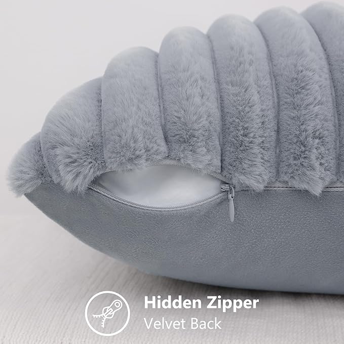 decorUhome Cozy Faux Fur Spring Throw Pillow Covers 20x20 Set of 2 Decorative Soft Plush Striped Modern Farmhouse Boho Couch Pillow Cases with Velvet Back for Sofa Bed Living Room, Grey