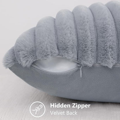 decorUhome Cozy Faux Fur Spring Throw Pillow Covers 20x20 Set of 2 Decorative Soft Plush Striped Modern Farmhouse Boho Couch Pillow Cases with Velvet Back for Sofa Bed Living Room, Grey