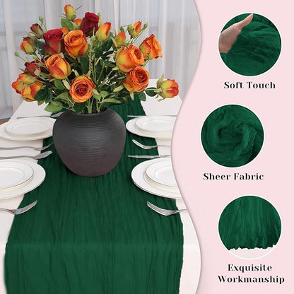 Emerald Green Table Runner, 10 Ft 120 in Cheesecloth Table Runner, Fall Table Runners for Wedding, Party,Bridal Shower, Boho Table Runners for Christmas