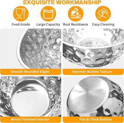 5 Pack Stainless Steel Mixing Bowls Set, Hammered Silver Finish, Nesting Design Metal Salad Bowls Set, 1.6-4.9 QT Capacity, Dishwasher Safe for Cooking, Serving, Food Containers Meal Prep Kit, No Lid