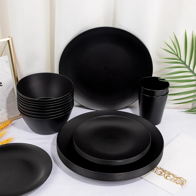 32pc Reusable Black Wheat Straw Dinnerware Sets Black Dishes - Image 3