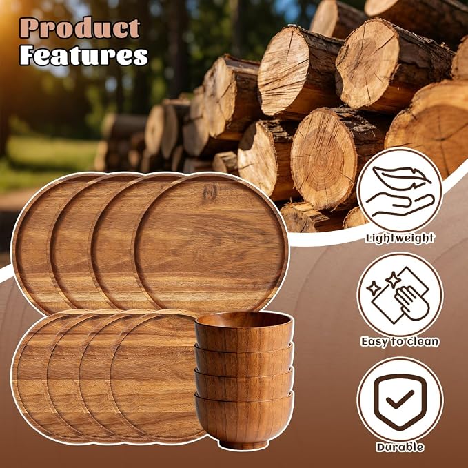 12 Pcs Wood Dinnerware Set, 8 Inch 10 Inch Round Wooden Plates and wooden bowl - Image 4