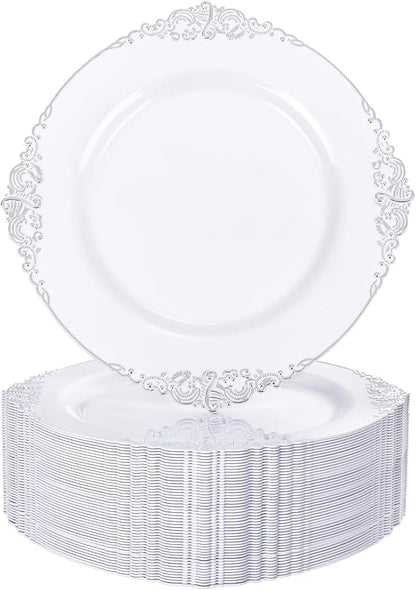 Nervure 100PCS White and Silver Plastic Plates - 10.25Inch Silver Disposable Plates - Heavyweight Dinner Plates for Wedding & Party