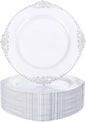 Nervure 100PCS White and Silver Plastic Plates - 10.25Inch Silver Disposable Plates - Heavyweight Dinner Plates for Wedding & Party