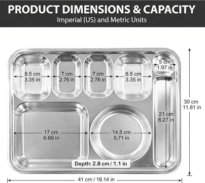 Korean Stainless Steel Divided Plates with Cutlery Slot for Adults, Premium 304, Electro-Polished, No Black Residue, BPA-Free, XL 8-Compartment Food Tray, Camping, Set of 2