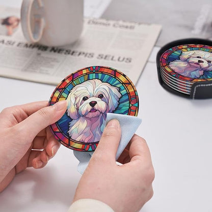 Maltese Stained Dog Breed Glass Art Leather Drinks Coasters - Image 4