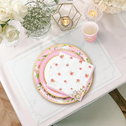 Whaline Pink Tea Party Tableware Supplies Serves 24 Pink Floral Tea Party - Image 7