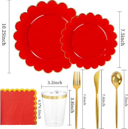LIYH 210 Pcs Red Plastic Plates - Red Disposable Plates and Napkins Set, Gold Scalloped Plastic Plate Include Dinner & Dessert Plate, Silverware, Cups for Valentine's Day 30 Guests